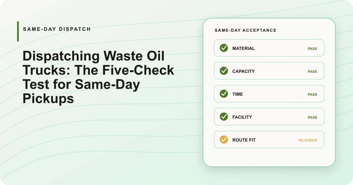 Five-check dispatch test covering material, capacity, time, facility, and route fit