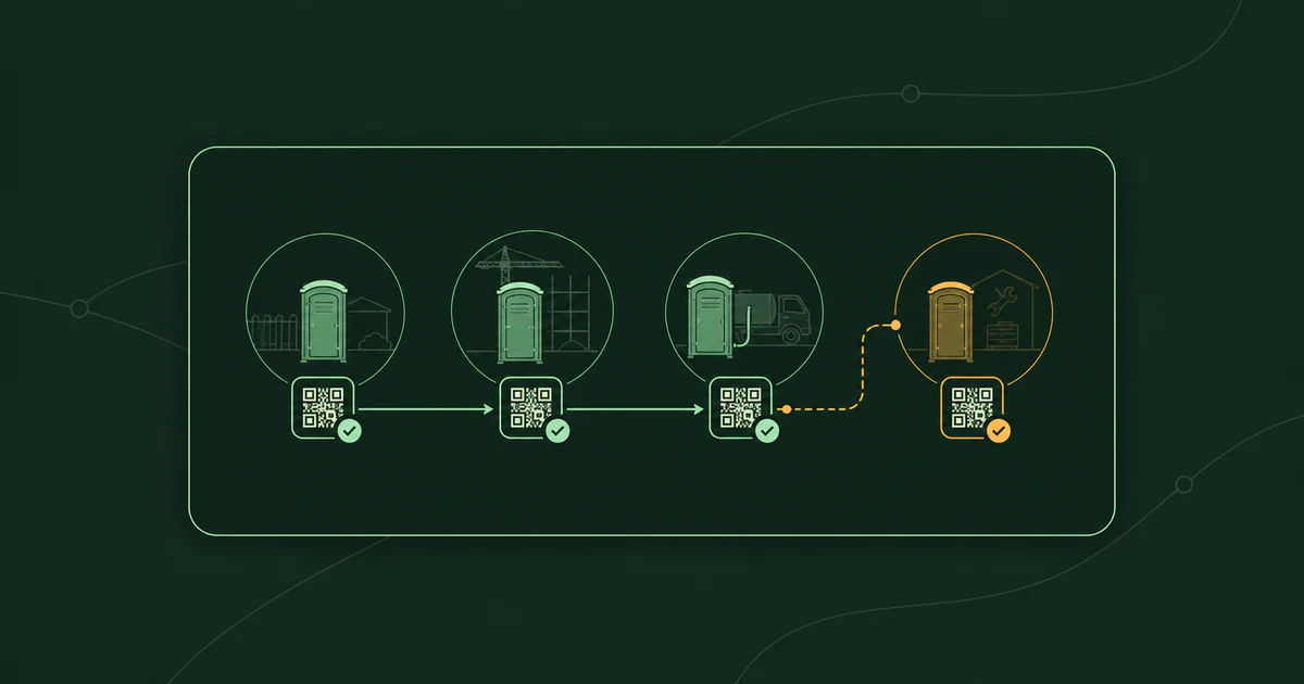 Portable restroom unit register showing asset IDs, locations, and service states