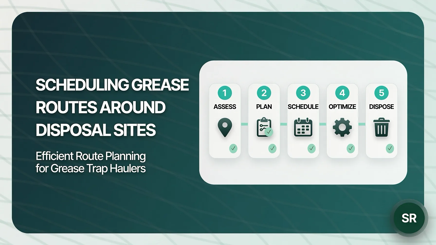 Scheduling grease trap routes around disposal sites — five-step flow: assess, plan, schedule, optimize, dispose