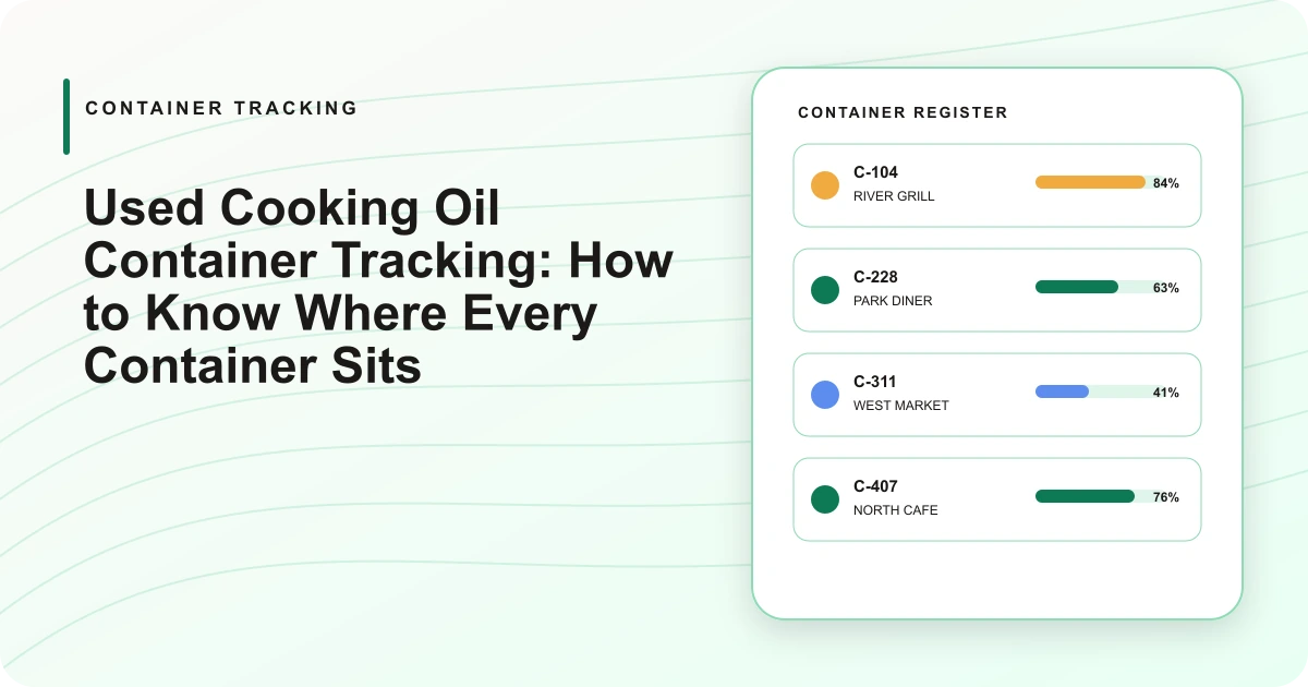 Container register showing tagged used cooking oil assets, locations, and fill status