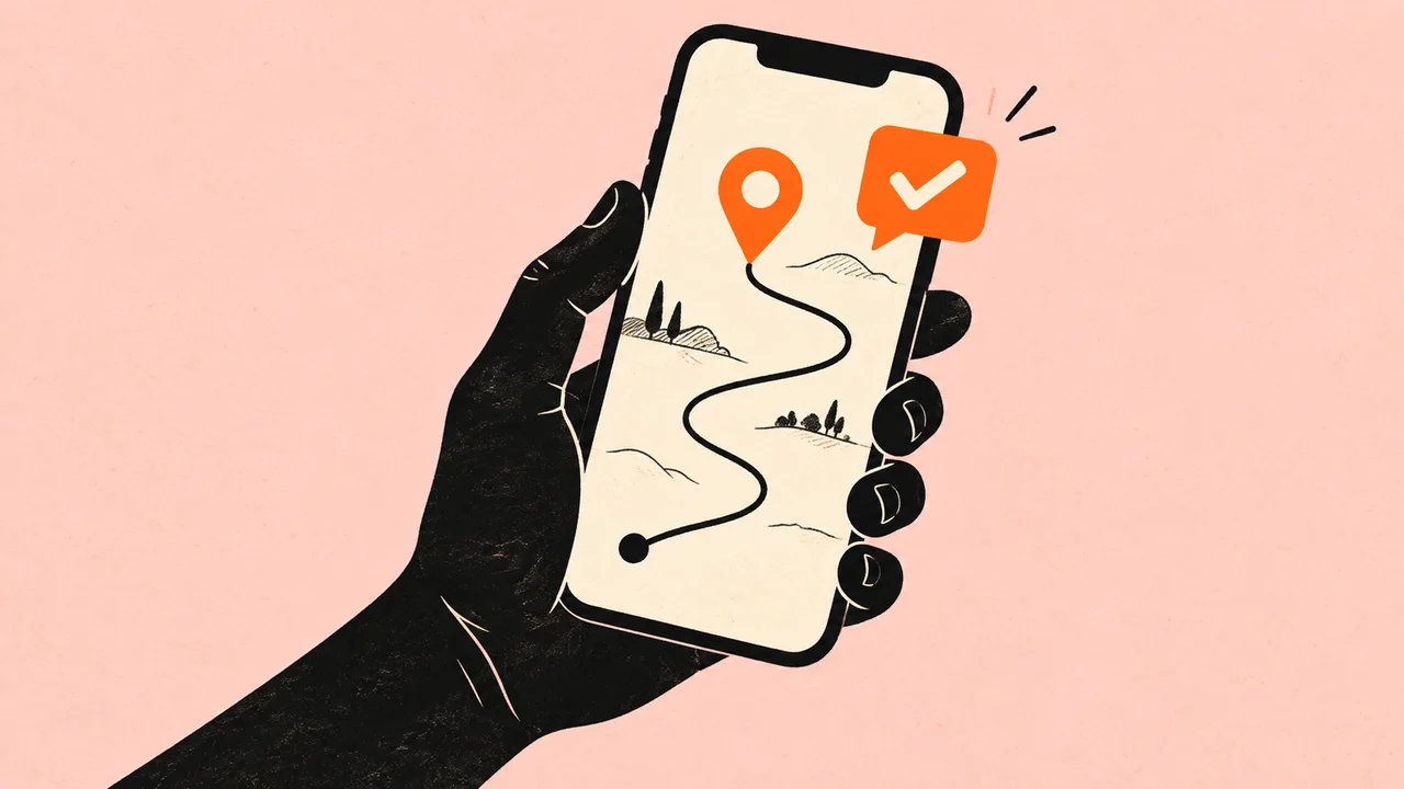 A phone displays a route and an arrival notification.