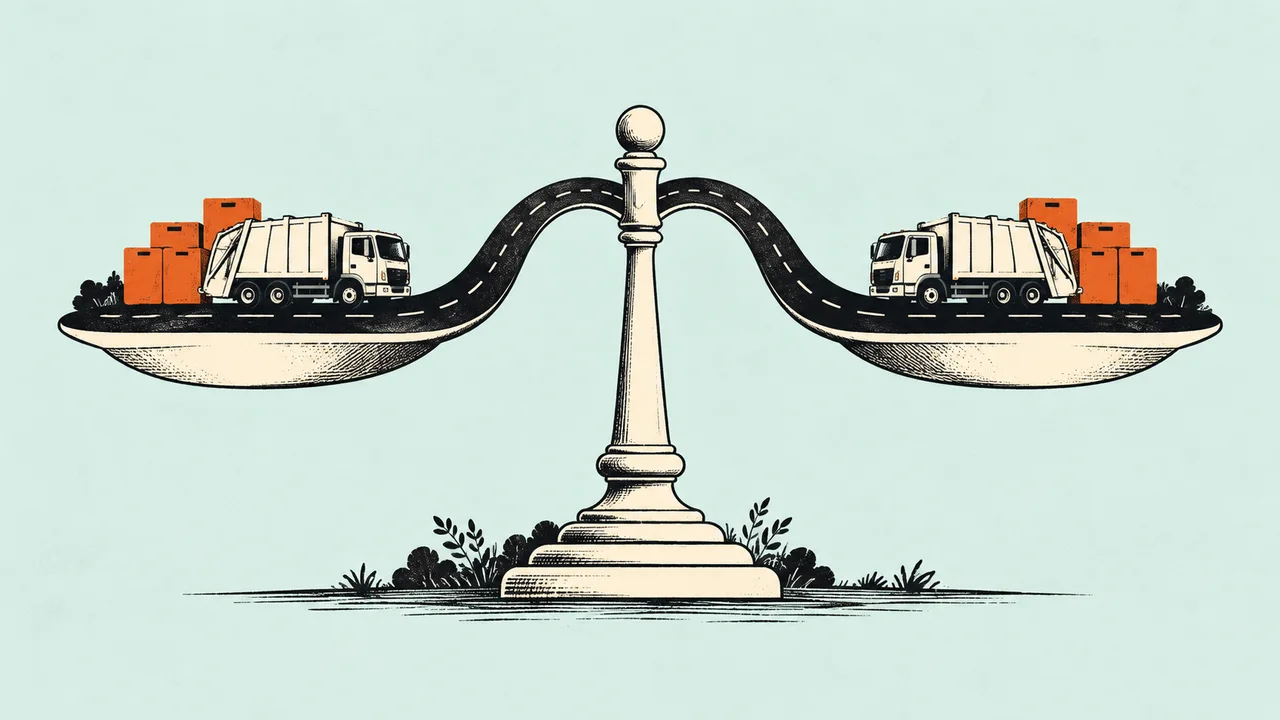 Two collection routes balance their truck loads.