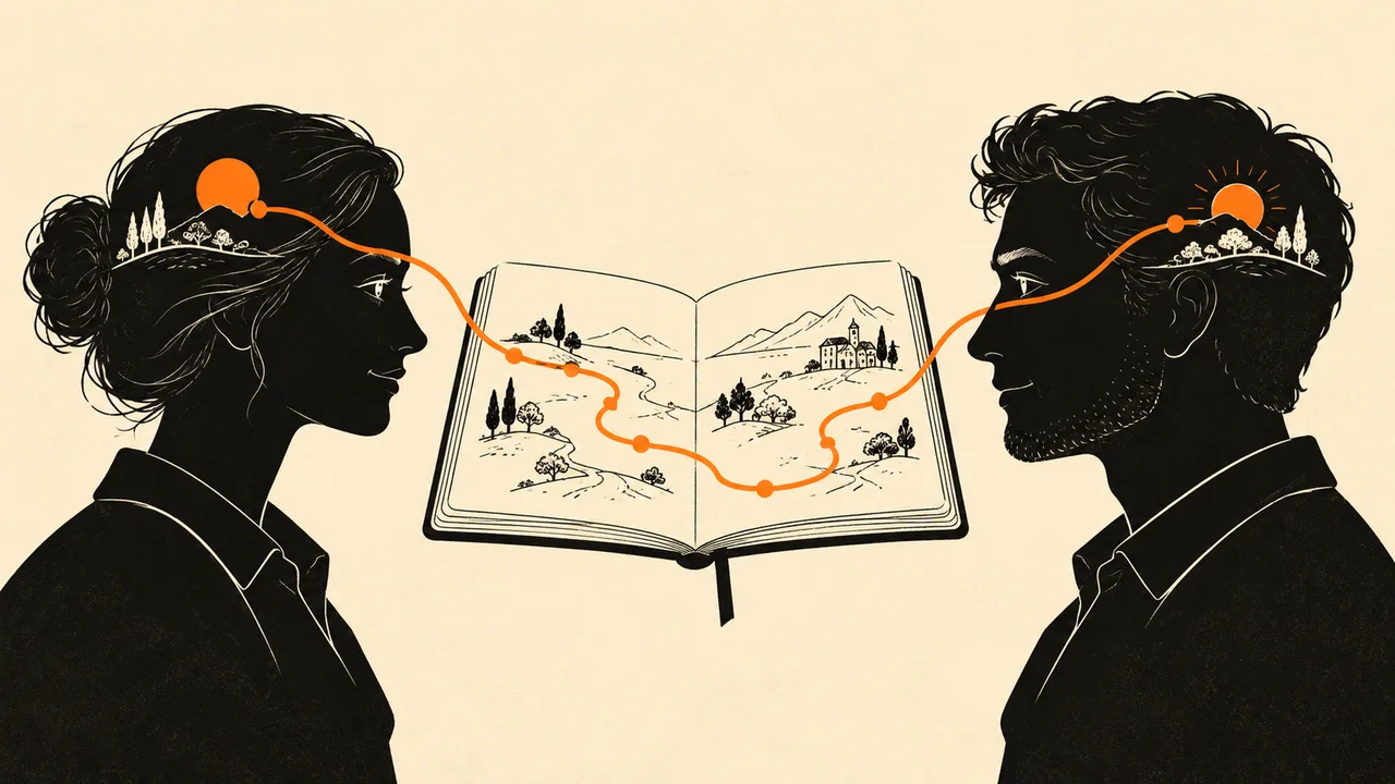 Two people share route knowledge through an open notebook.