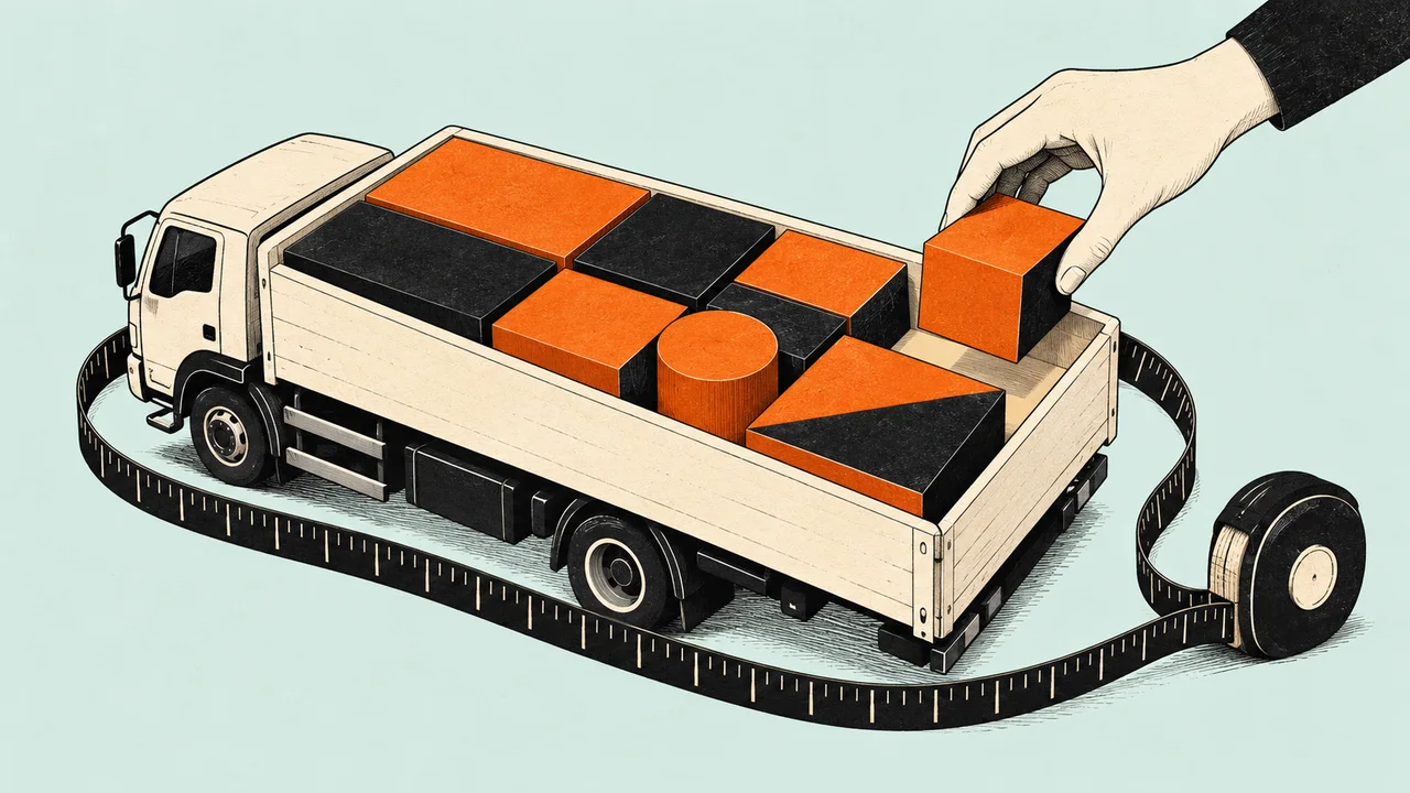 Geometric loads are fitted into a truck with room left as a buffer.
