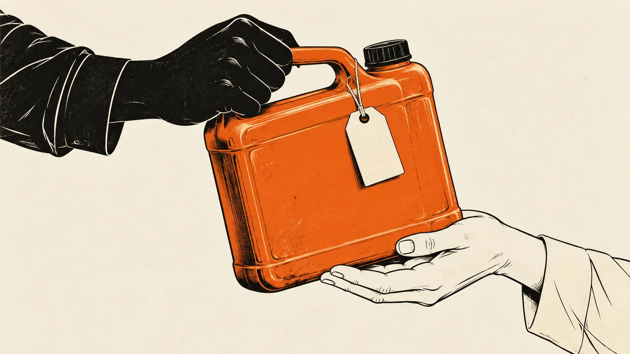 Two hands transfer a tagged cooking oil container.