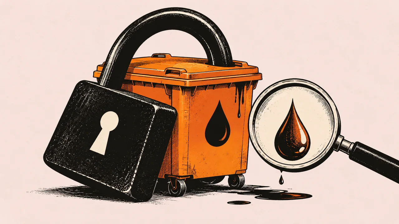 A locked cooking oil container and a magnifying glass.