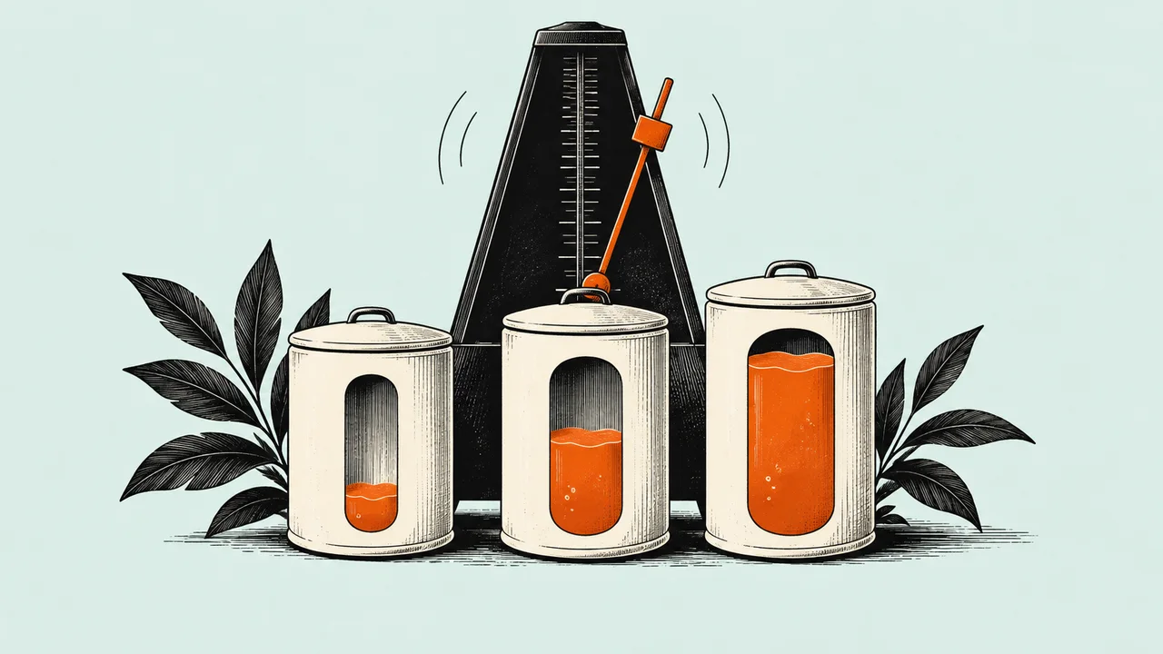 Cooking oil bins fill at different rates beside a metronome.