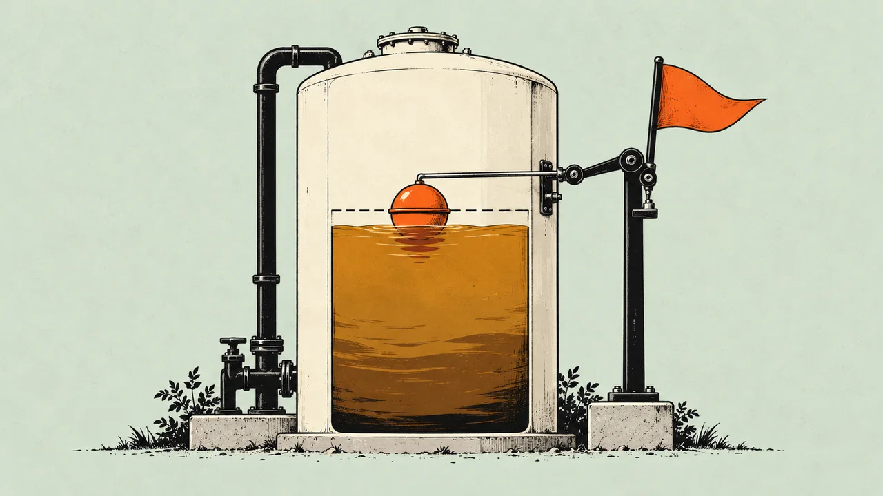 A tank float reaches the level that signals an oil pickup.