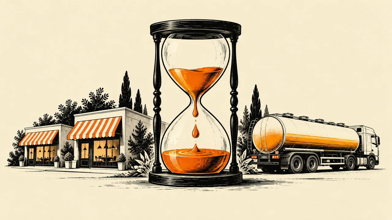 An hourglass balances restaurant pickup time against tank capacity.