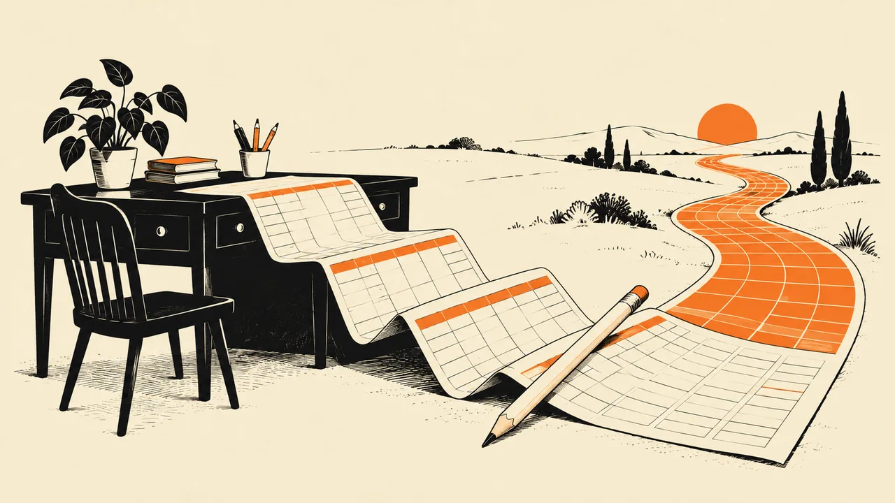 A folded spreadsheet becomes an orderly orange route.