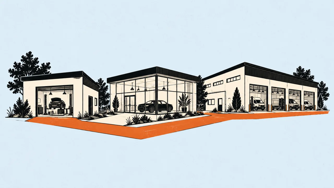 An orange route joins a repair garage, car showroom, and fleet workshop.